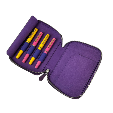 Eng Leather Co. 4-slot leather A6 pen case in flat light dark violet, showcasing smooth leather and organized pen storage.