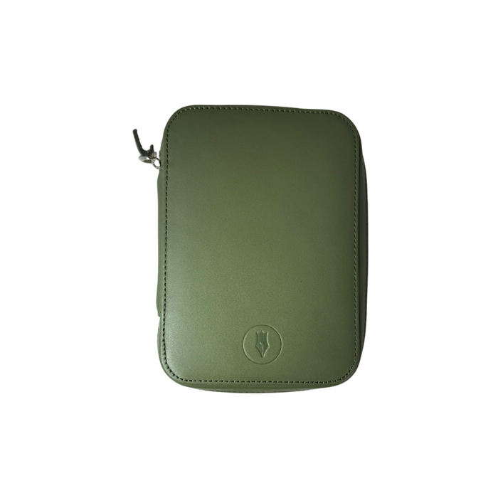 Dark olive green leather Eng Leather Co. 4-slot A6 pen case with sleek design and stitching, perfect for organizing writing instruments.