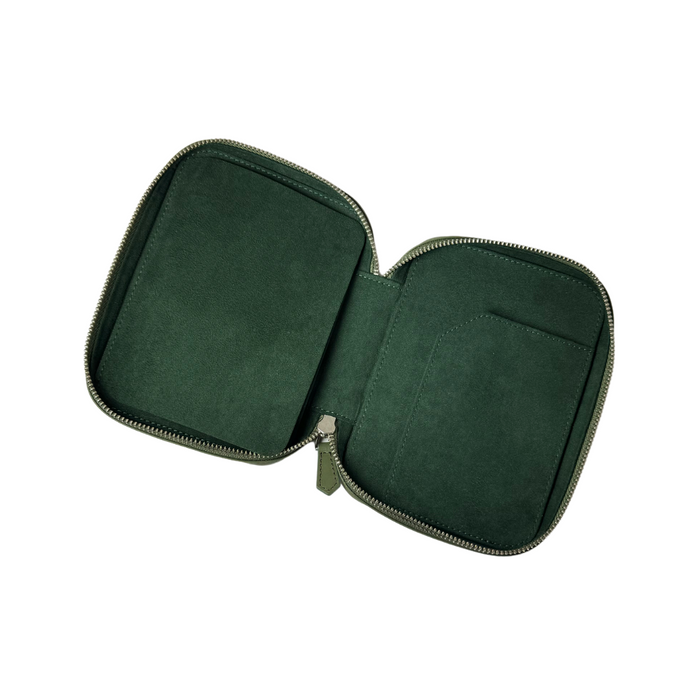 Dark olive green leather Eng Leather Co. 4-slot A6 pen case with sleek design and durable craftsmanship.