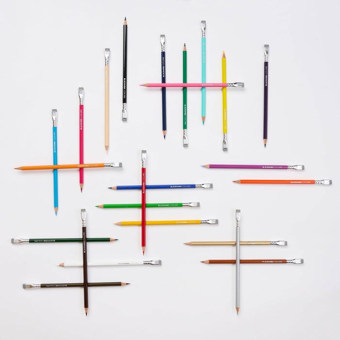 Set of 24 Blackwing Colors pencils with vibrant colored barrels and black erasers, displayed in a neat arrangement.