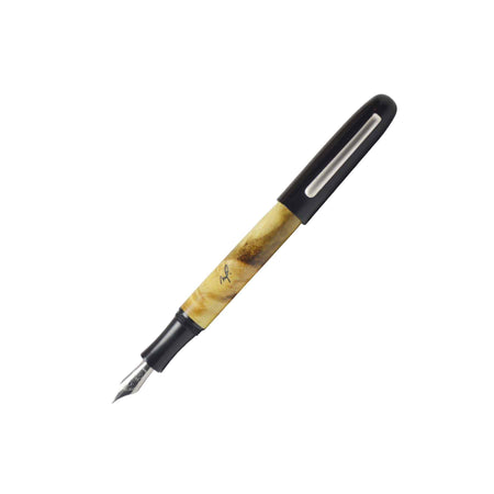 Faivet Buckeye Burl and black ebonite fountain pen with steel nib, featuring a sleek, elegant design and fine writing tip.