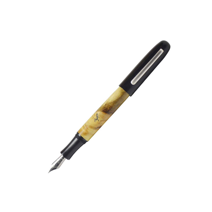 Faivet Buckeye Burl and black ebonite fountain pen with steel nib, featuring a sleek, elegant design and fine writing tip.