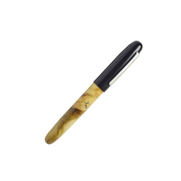 Faivet Buckeye Burl and black ebonite fountain pen with steel nib, featuring a sleek design and polished finish.