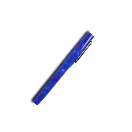 Matthieu Faivet Number 7 Bleue Crush resin fountain pen with steel nib, showcasing its elegant design and vibrant blue color.
