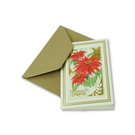 Rossi Christmas Cards featuring poinsettia flowers with festive red and green holiday design.