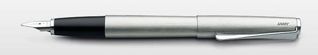 Lamy Studio fountain pen with brushed steel finish, elegant design and smooth writing nib, perfect for professional use.