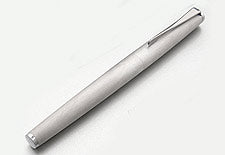 Lamy Studio fountain pen with brushed steel finish, sleek design, and metal clip, showcasing its elegant craftsmanship.