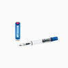 Twsbi Eco transparent blue fountain pen with clear body and silver accents, showcasing its nib and ink reservoir.
