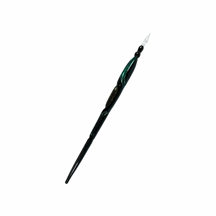 No Solo Vetro glass dipping pen with colorful dicroic glass, showcasing intricate swirling patterns in a close-up shot.