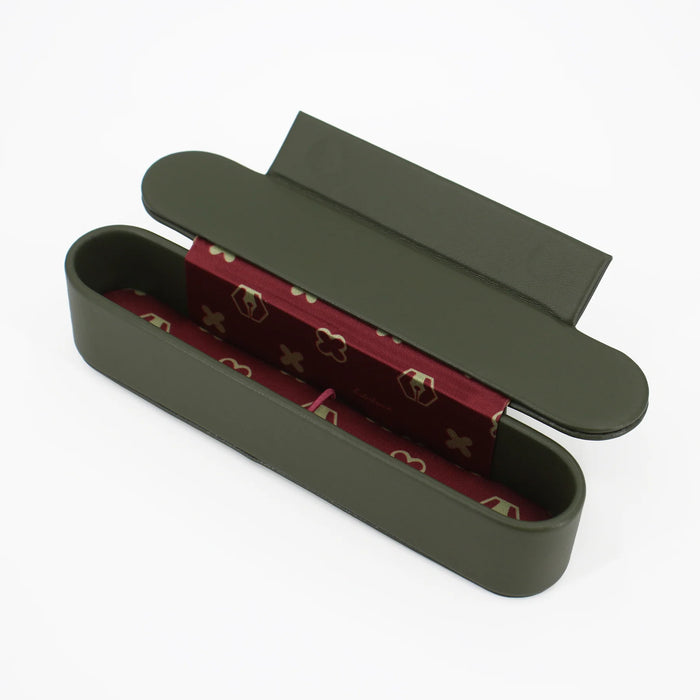Green Esterbrook pen case with space for one or two pens, featuring a sleek, compact design for stylish storage and organization.