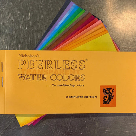 Peerless Watercolors Original 1885 Complete Edition box with watercolor paints and brushes, vintage art supplies set.