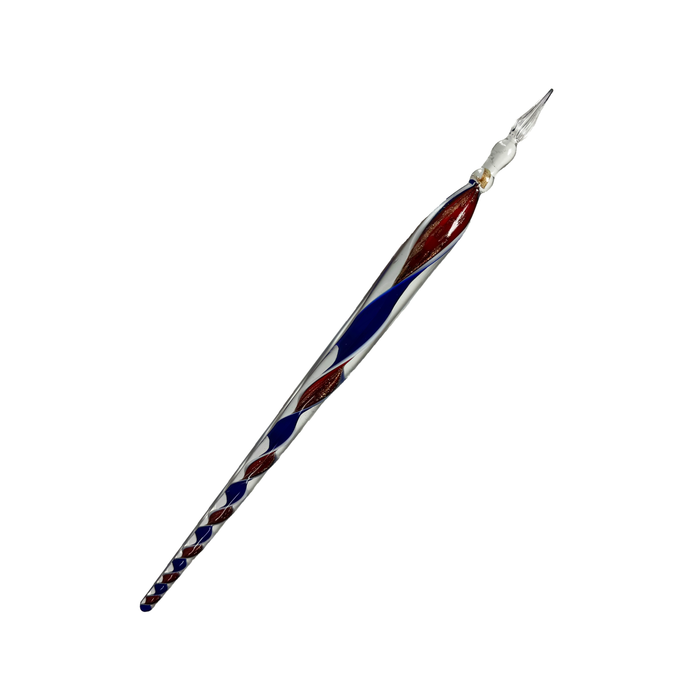 No Solo Vetro glass dipping pen with ribbon design, showcasing its colorful, handcrafted glass body and fine tip for detailed ink work.