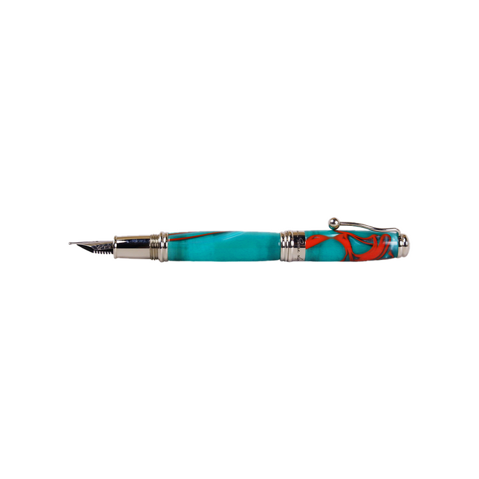 Jean-Pierre Lepine Indigo Classic Murano fountain pen with green body and red filet design, showcasing elegant craftsmanship.
