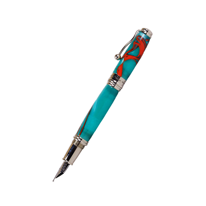 Jean-Pierre Lepine Indigo Classic Murano fountain pen with green body and red filet, featuring elegant design and fine craftsmanship.