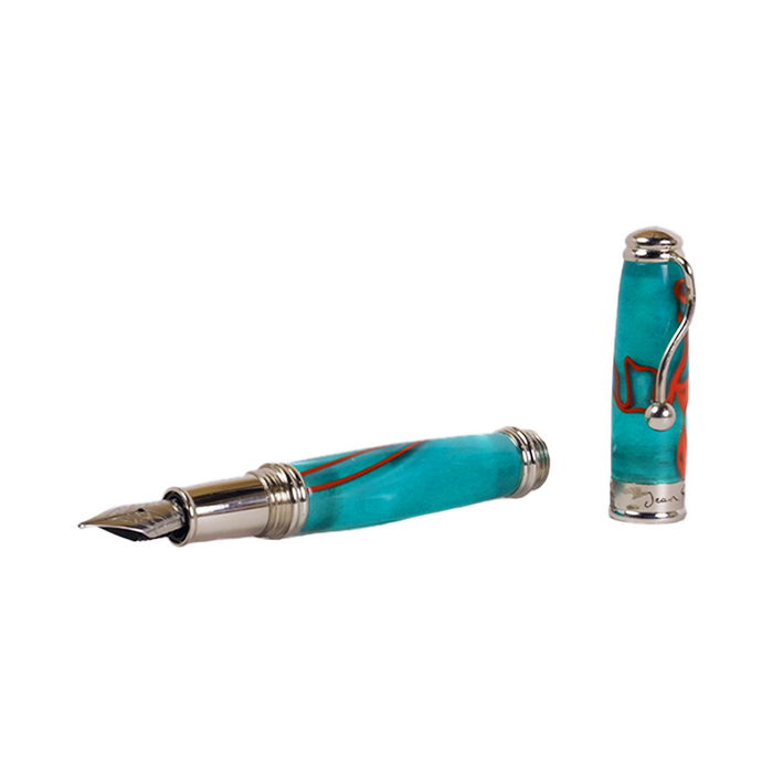 Jean-Pierre Lepine Indigo Classic Murano fountain pen with green body and red filet, showcasing elegant craftsmanship and vibrant color.
