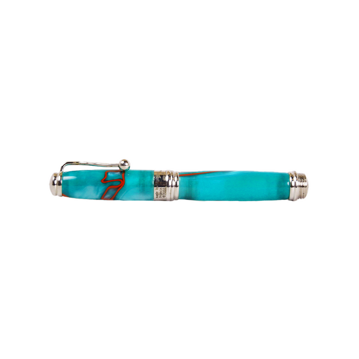 Jean-Pierre Lepine Indigo Classic Murano fountain pen with green body and red filet, showcasing elegant craftsmanship and colorful design.