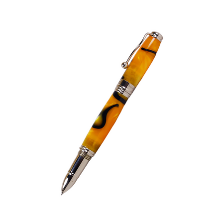 Jean-Pierre Lepine Indigo Classic Murano rollerball pen with yellow body and blue filet design, close-up of elegant writing instrument.