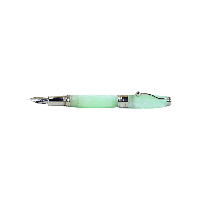 Jean-Pierre Lepine Indigo Classic Murano fountain pen with green tea-colored ink and elegant design, showcasing smooth craftsmanship.