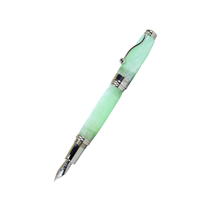 Jean-Pierre Lepine Indigo Classic Murano fountain pen with green tea-colored ink and elegant design.