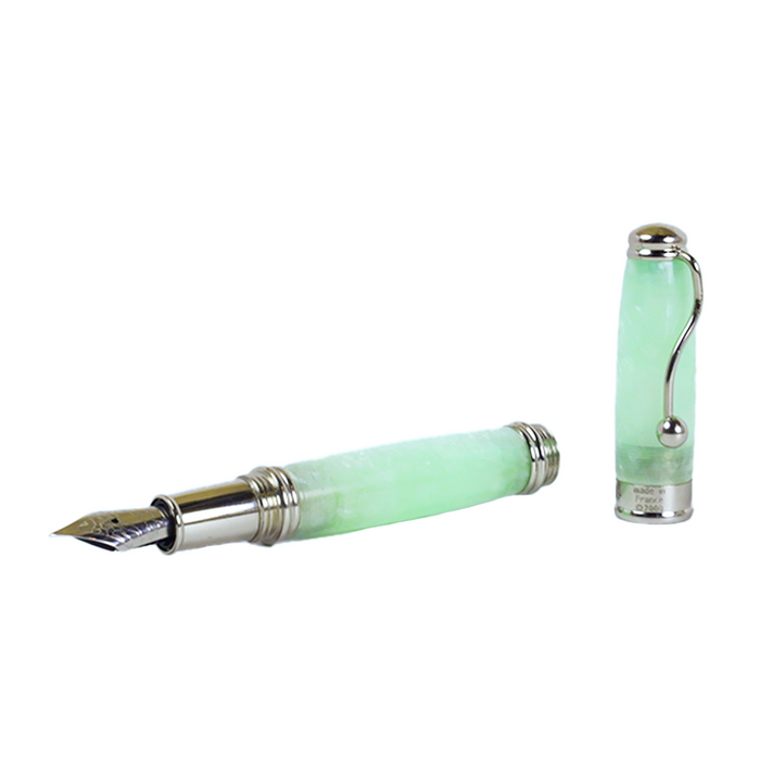 Jean-Pierre Lepine Indigo Classic Murano fountain pen with green tea-colored resin barrel and gold accents, displayed on a neutral background.