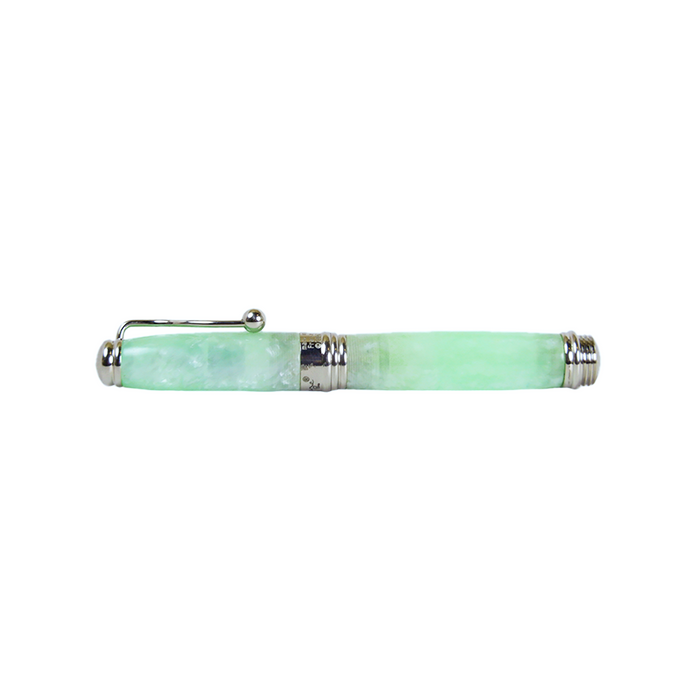 Jean-Pierre Lepine Indigo Classic Murano fountain pen with green tea-colored barrel and gold accents on a white background.