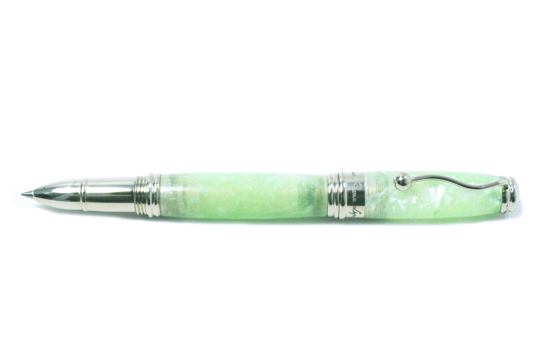Jean-Pierre Lepine Indigo Classic Murano rollerball pen with green tea-colored ink and a sleek design.