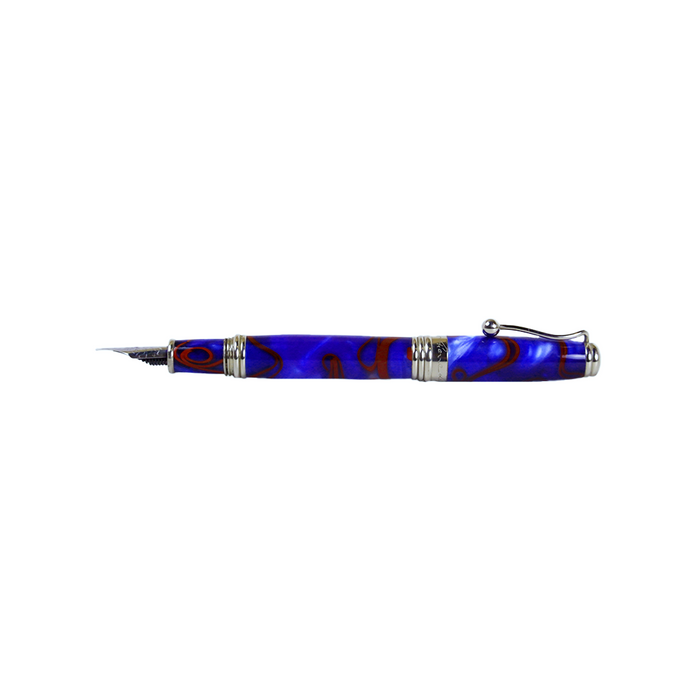 Jean-Pierre Lepine Indigo Classic Murano fountain pen with blue body and red filet, showcasing elegant craftsmanship and intricate detailing.