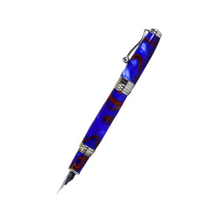 Jean-Pierre Lepine Indigo Classic Murano fountain pen with blue body and red filet, showcasing elegant craftsmanship and detailed design.