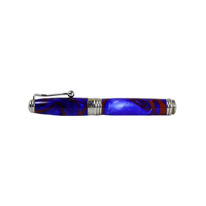 Jean-Pierre Lepine Indigo Classic Murano fountain pen with blue body and red filet, showcasing elegant craftsmanship and fine details.