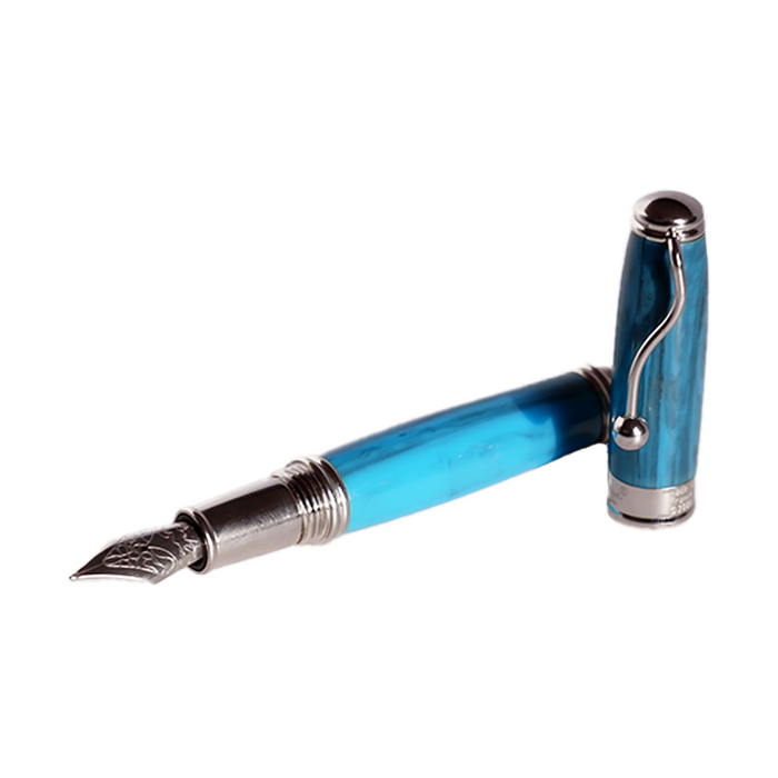 Jean-Pierre Lepine Indigo Classic Murano fountain pen with turquoise body and gold accents, showcasing elegant design.
