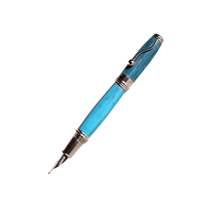 Jean-Pierre Lepine Indigo Classic Murano turquoise fountain pen with gold accents, shown with cap on and ink nib visible.