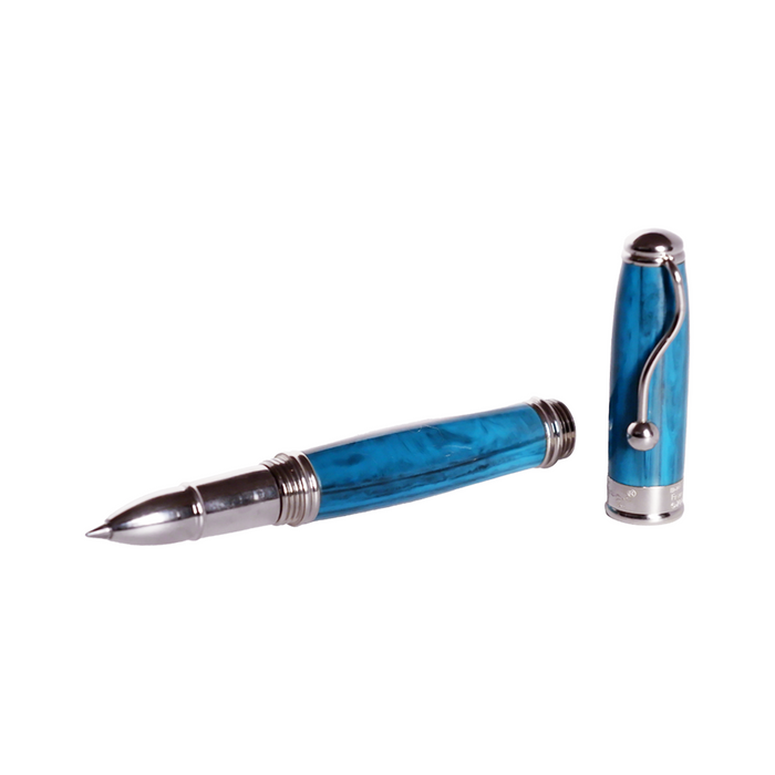 Jean-Pierre Lepine Indigo Classic Murano rollerball pen with turquoise accents, elegant writing instrument with a sleek design.