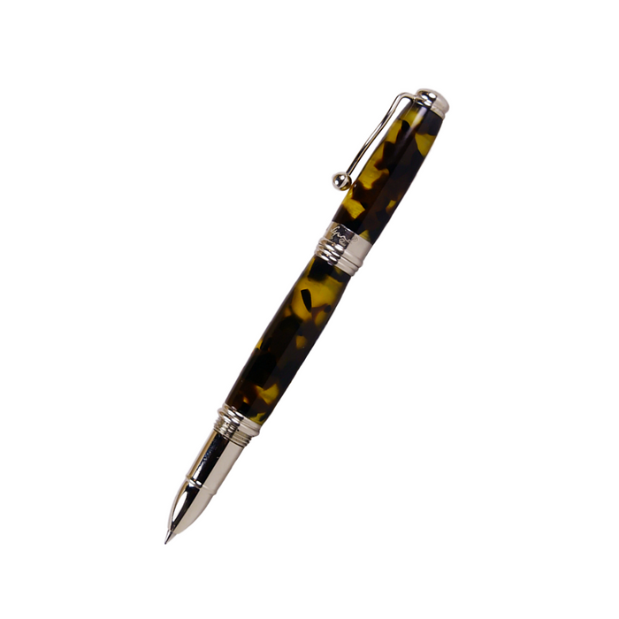 Jean-Pierre Lepine Indigo Classic Murano rollerball pen with tortoise-patterned barrel and gold accents, close-up view.
