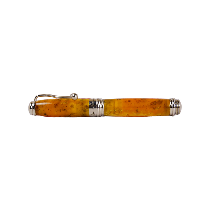 Jean-Pierre Lepine Indigo Classic Murano rollerball pen with yellow-orange ink, featuring a sleek design and colorful accents.