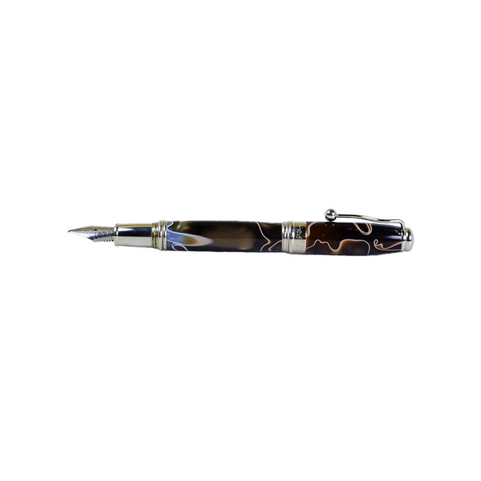 Jean-Pierre Lepine Indigo Classic Murano fountain pen with brown body and beige filet, elegant writing instrument with intricate design.