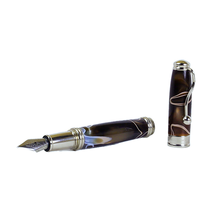 Jean-Pierre Lepine Indigo Classic Murano fountain pen with brown body and beige filet, showcasing elegant design and craftsmanship.