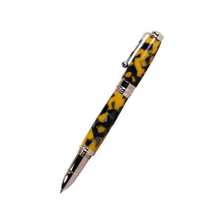 Jean-Pierre Lepine Indigo Classic Murano rollerball pen with yellow and black design on a white background.