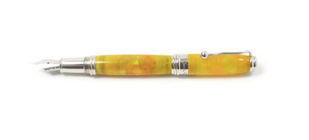 Jean-Pierre Lepine Indigo Classic Murano fountain pen with spotted yellow accents, featuring a sleek design and gold nib.