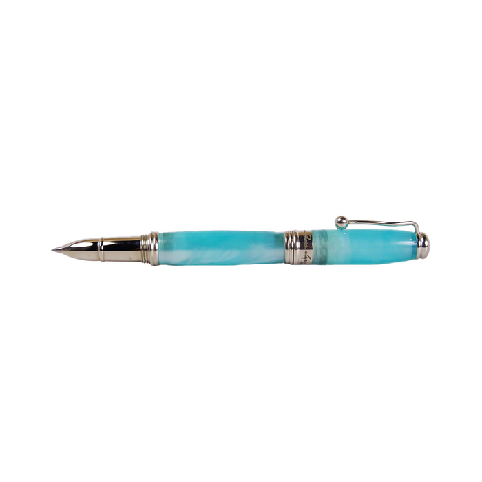 Jean-Pierre Lepine Indigo Classic Murano rollerball pen with blue-green glass barrel and gold accents.