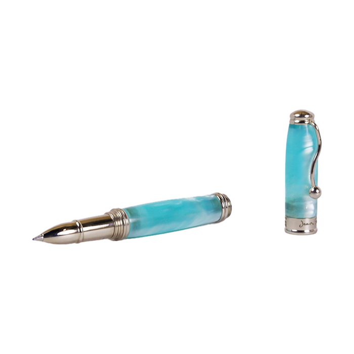 Jean-Pierre Lepine Indigo Classic Murano rollerball pen with a blue-green glass body and sleek metal accents.