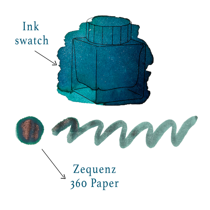 Papier Plume limited edition fountain pen ink bottle with water garden design, showcasing vibrant ink color and artistic label.