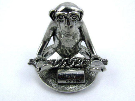 Jac Zagoory Write No Evil chained-down monkey hands mini pen holder with sculpted monkey hands as a decorative pen rest.