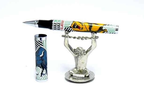 Jac Zagoory Write No Evil Chained Monkey Hands Mini Pen Holder, decorative pen rest with chained monkey hand design.