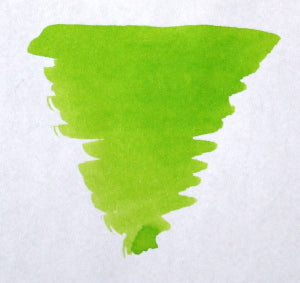 Bottle of Diamine Jade Green fountain pen ink showing vibrant green ink inside the clear glass bottle.