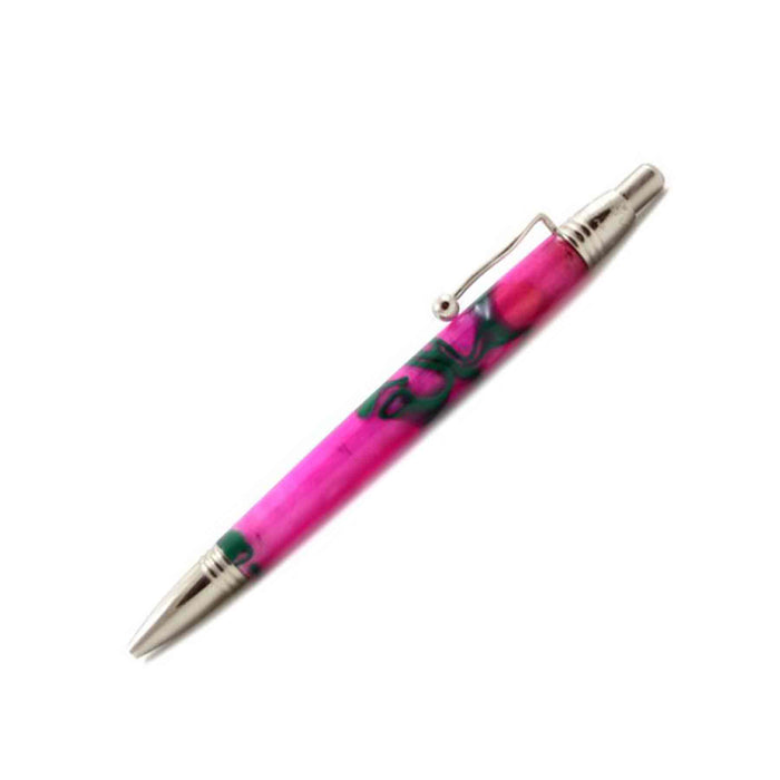 Jean-Pierre Lepine Indigo Classic Murano ballpoint pen with pink body and green filet design displayed close-up.