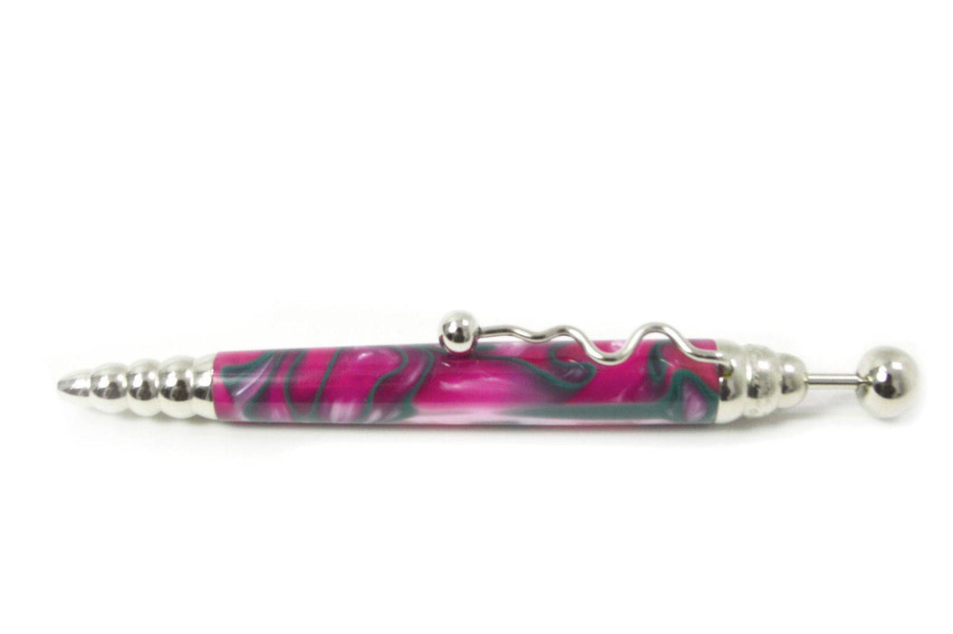 Pink Jean-Pierre Lepine Zig Zag ballpoint pen with green filet design, featuring a stylish and colorful writing instrument.