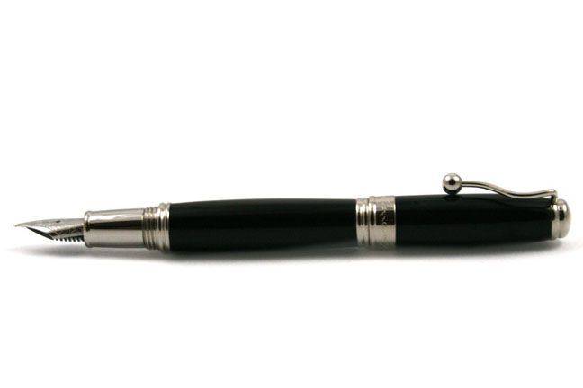 Jean-Pierre Lepine Indigo Classic Murano fountain pen with black finish and fine nib, showcasing elegant design and craftsmanship.