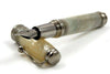 Jean-Pierre Lepine Indigo Classic Murano fountain pen with champagne-colored body and fine nib, elegant writing instrument.