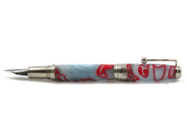 Jean-Pierre Lepine Indigo Classic Murano fountain pen with grey body and red filet detail, showcasing elegant craftsmanship.
