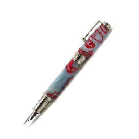 Jean-Pierre Lepine Indigo Classic Murano fountain pen with grey body and red filet, showcasing elegant craftsmanship and fine details.